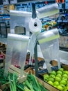 Plastic cellophane bags hanging on the stand in the supermarket