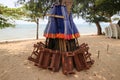 plastic chair and table and umbrella had pack of group when forcast of storm prediction Royalty Free Stock Photo