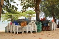 plastic chair and table and umbrella had pack of group when forcast of storm prediction Royalty Free Stock Photo