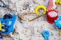 Plastic children toys for playing in sandpit or on a beach Royalty Free Stock Photo