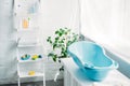 plastic childrens bathtub on stand in white modern room