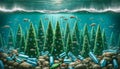 Plastic Christmas trees underwater on a seabed among other waste, ocean pollution concept Royalty Free Stock Photo