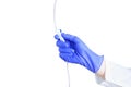 Plastic clamp infusion system in the hands of a nurse. White isolate.