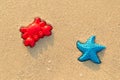 Plastic colored shapes for children play with sand on the beach. Baby plastic molds lying in the sand on the seabeach Royalty Free Stock Photo