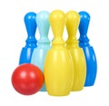 Plastic colored skittles for bowling game. Kids toy Royalty Free Stock Photo