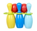Plastic colored skittles for bowling game. Kids toy Royalty Free Stock Photo