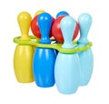 Plastic colored skittles for bowling game. Kids toy Royalty Free Stock Photo