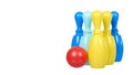 Plastic colored skittles for bowling game. Kids toy Royalty Free Stock Photo