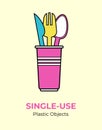 Plastic colored spoon, fork, knife, cup. Single-use pink, yellow, blue plastic cutlery vector illustration set. Royalty Free Stock Photo