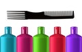 Plastic colorful bottles shampoo and black comb isolated