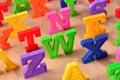 Plastic colorful letters close up on a wooden background