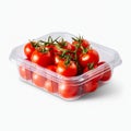 Plastic Container with Fresh Cherry Tomatoes, Isolated on White Background. Generative ai Royalty Free Stock Photo