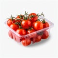 Plastic Container with Fresh Cherry Tomatoes, Isolated on White Background. Generative ai Royalty Free Stock Photo