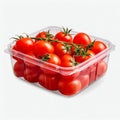 Plastic Container with Fresh Cherry Tomatoes, Isolated on White Background. Generative ai Royalty Free Stock Photo