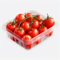 Plastic Container with Fresh Cherry Tomatoes, Isolated on White Background. Generative ai Royalty Free Stock Photo