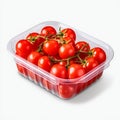 Plastic Container with Fresh Cherry Tomatoes, Isolated on White Background. Generative ai Royalty Free Stock Photo