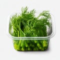 Plastic Container with Fresh Dill, Isolated on White Background. Generative ai