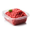 Plastic Container with Fresh Ground Beef, Isolated on White Background. Generative ai