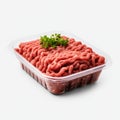 Plastic Container with Fresh Ground Beef, Isolated on White Background. Generative ai