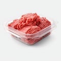 Plastic Container with Fresh Ground Beef, Isolated on White Background. Generative ai