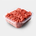 Plastic Container with Fresh Ground Beef, Isolated on White Background. Generative ai