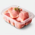 Plastic Container with Fresh Raw Chicken Meat Isolated on White Background. Generative ai Royalty Free Stock Photo