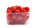 Plastic container with fresh ripe cherry tomatoes on white background Royalty Free Stock Photo