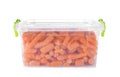 Plastic container with frozen baby carrots