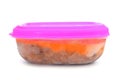 Plastic container with frozen food