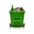 Plastic container with glass waste. Green garbage bin with two wheels. Flat vector icon related to trash sorting theme