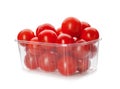 Plastic container with ripe cherry tomatoes on white background Royalty Free Stock Photo