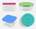 Plastic containers. Boxes for food various views containers collection decent vector realistic templates