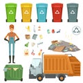 Plastic containers for different trashes. Vector illustration of garbage harvester and dustman