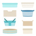 Plastic containers, empty baskets for storing laundry and various things. Vector illustration