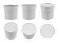 Plastic containers. Empty white buckets mockup vector packages collection