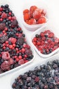 Plastic containers of frozen mixed berries in snow