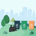 Plastic containers for garbage of different types. Waste management concept. Different types of Waste. City landscape on