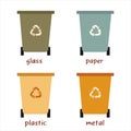 Plastic containers for garbage of different types. Waste management concept. Different types of Waste Organic, Plastic, Metal,