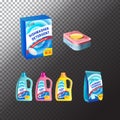 Set of templates realistic package for bottles with laundry and dishwasher detergent. Plastic containers, package and tablets. Vec Royalty Free Stock Photo