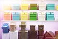 Plastic household containers in store Royalty Free Stock Photo