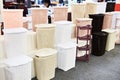 Plastic household containers in store Royalty Free Stock Photo