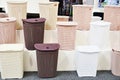 Plastic household containers in store Royalty Free Stock Photo