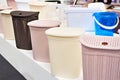 Plastic household containers in store Royalty Free Stock Photo