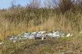 Plastic contamination into nature. Trash and bottles floating on the water. Environmental pollution in Russia - Berezniki on 10 Oc
