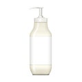 Plastic cosmetic bottle with pump dispenser and white blank label mock-up. Liquid soap, cream, lotion or other beauty product Royalty Free Stock Photo
