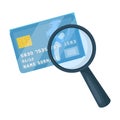 Plastic credit card with a magnifying glass. Detective looking for fingerprints.Detective single icon in cartoon style