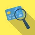 Plastic credit card with a magnifying glass. Detective looking for fingerprints.Detective single icon in flat style