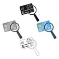 Plastic credit card with a magnifying glass. Detective looking for fingerprints.Detective single icon in cartoon,black