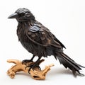 Handmade Black Metal Crow Sculpture On Wooden Branch