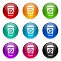 Plastic cup of coffe, hot drink icon set, colorful glossy 3d rendering ball buttons in 9 color options for webdesign and mobile Royalty Free Stock Photo